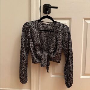 Abercrombie & Fitch Black and White Polkadot Tie Front Cropped Blouse